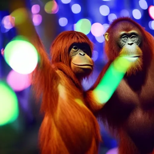 Image similar to Aphoto of an orangutan taking a selfie with Angela Merkel at the club, disco lights, bokeh, hyperdetailed