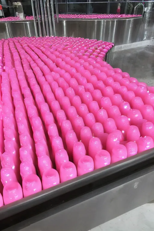 Image similar to conveyor belt transporting pink potion bottles