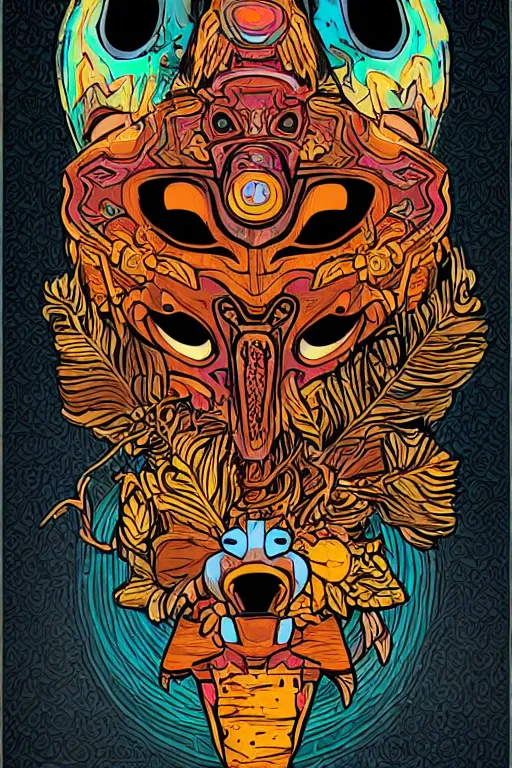 Image similar to animal mask totem roots flower tribal feather gemstone plant wood rock shaman vodoo video game vector cutout illustration vivid multicolor borderlands comics by josan gonzales and dan mumford radiating a glowing aura