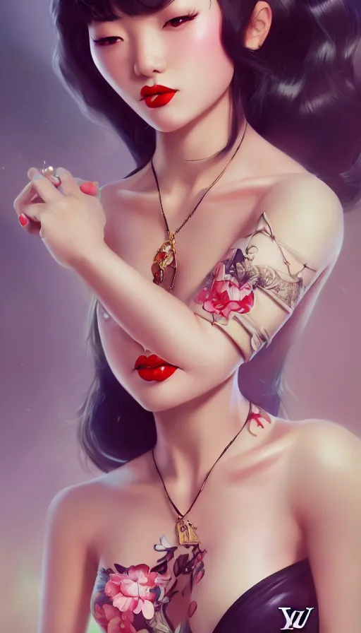 Image similar to a pin up and beautiful fashion and charming and dreamlke asian girl with lv jewelry, medium shot, art by artgerm & ross tran & wlop, hyperdetailed, 8 k realistic, symmetrical, frostbite 3 engine, cryengine, dof, trending on artstation, digital art