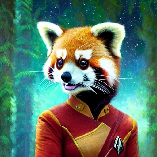 Prompt: a portrait of a female red panda in starfleet uniform at night in a dark forest. zootopia fursona furaffinity furry art detailed face painting by gaston bussiere craig mullins jc leyendecker gustav klimt artgerm greg rutkowski furry