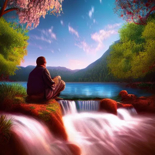 Prompt: featured on artstation photorealistic walter white sitting under a cherry tree overlooking valley waterfall sunset beautiful image stylized digital art