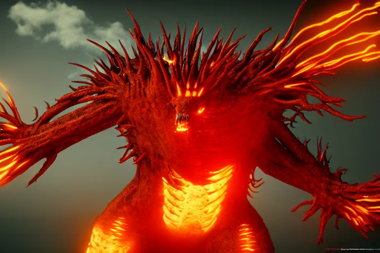 Image similar to fire creature made out of a humanoid nervous system with large meaty spikes all over the body, cinematic, volumetric lighting, f 8 aperture, cinematic eastman 5 3 8 4 film, photorealistic