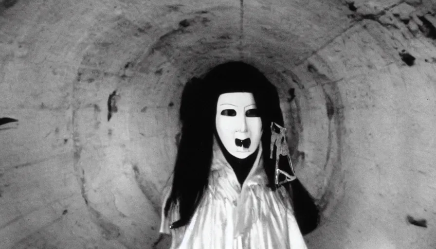 Prompt: 70s movie still close-up portrait of a white female japanese phantom with a taxidermic bloody jaws and esoteric dress in a liminal space style tunnel, early black and white 8mm, heavy grain, low quality,