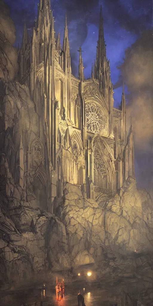 Image similar to moonlit vista, dieselpunk gothic cathedral, painted by ruan jia, petrol oil, lawrence alma tadema, zdzislaw beksinski, norman rockwell, jack kirby, tom lovell, alex malveda, greg staples, hand of fear, bbc, tv