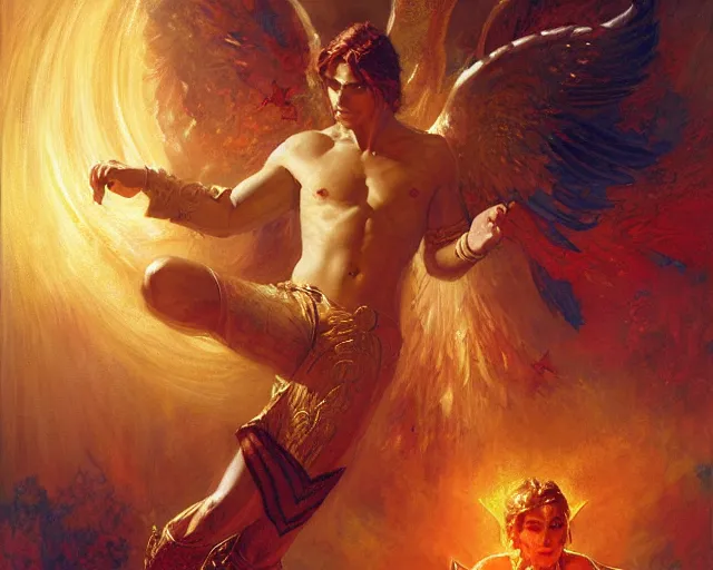 Image similar to attractive male deity, casting demonic magic, summoning handsome lucifer morning star. highly detailed painting by gaston bussiere, craig mullins, j. c. leyendecker 8 k