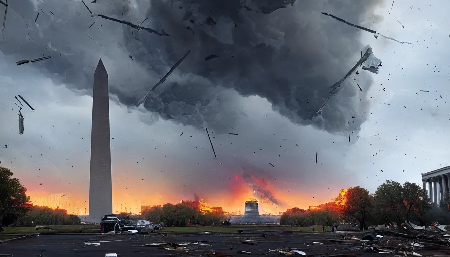 Prompt: tornado destroy washington dc, damaged and destroyed buildings, fallen washington monument, ashes, fire, smoke columns, tornadoes, storm, hyperdetailed, artstation, cgsociety, 8 k