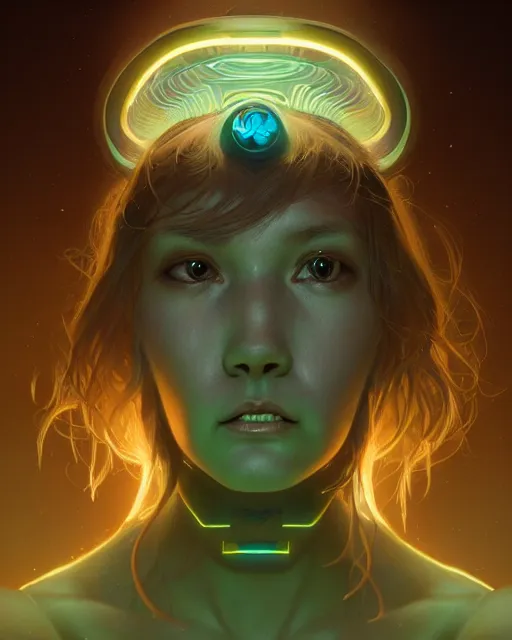 Image similar to one singular portrait of a cute bioluminescent creature, pulp scifi, highly detailed, digital painting, moody cinematic lighting, hyperrealism, dark retrowave, art by stanley lau and artgerm and magali villeneuve and alphonse mucha, artstation, octane render, cgsociety
