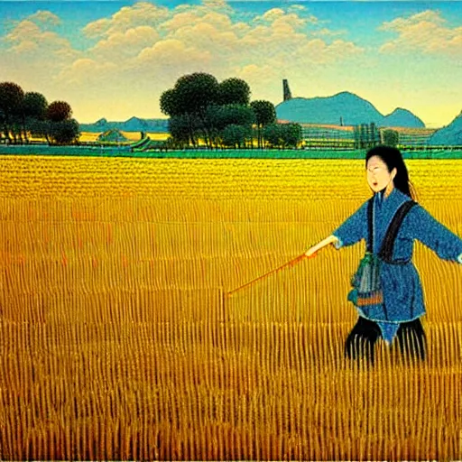 Image similar to cat farmer, walking in the wheat field, nature landscape on the background, fenghua zhong, sharp deep, oil art
