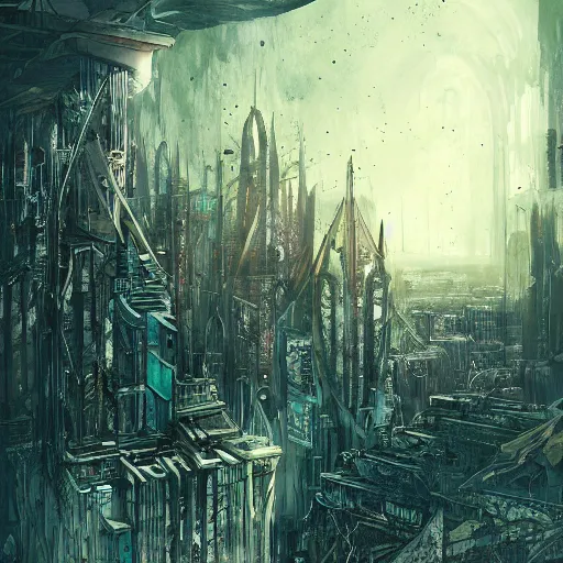 Image similar to abandoned ruined futuristic mega city, gothic art, color, detailed, eerie, emotional, sad, highly detailed, sharp focus, motherboard, Artstation, deviantart, artgem, insane detail, watercolor, golden ratio, n the style of Heavy Metal Comics