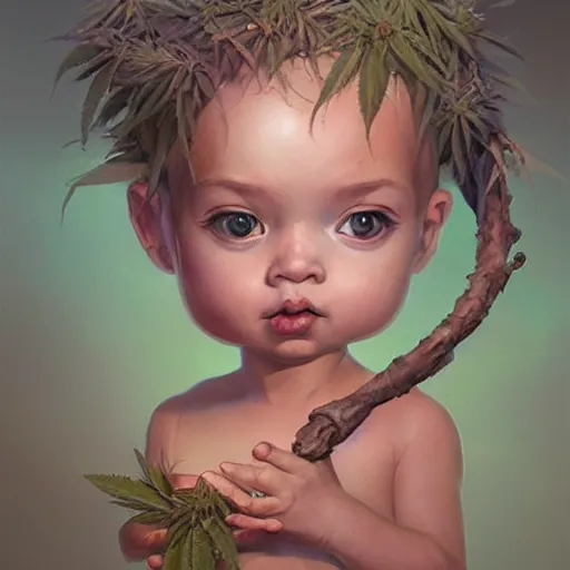 Image similar to a cute little baby made of hemp, with a head in the form of a cannabis bloom, like baby grut, green skin, character, art by james jean and greg rutkowski!!, realistic face, digital art, chibi style, golden ratio, perfect composition, trending on artstation, 8 k