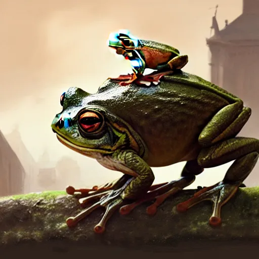 Prompt: giant frog with a canon on his back, by greg rutkowski, 8k high quality, hd, matte painting