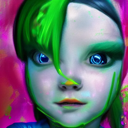 Image similar to glitchy child with green hair, lost soul, reflection, pov, ultra hd, artstation, high detail, digital art, oil on canvas