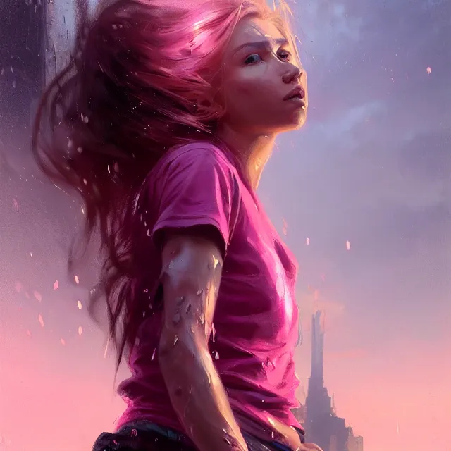 Prompt: epic portrait cinematic shot an beautiful female survivor wearing pink t shirt, shiny skin, wet flowing hair, apocalyptic city backround, cloudy, fine details. night setting. realistic shaded lighting poster by craig mullism, artgerm, jeremy lipkin and michael garmash, unreal engine, radiant light, detailed and intricate environment, digital art, trending on art station,