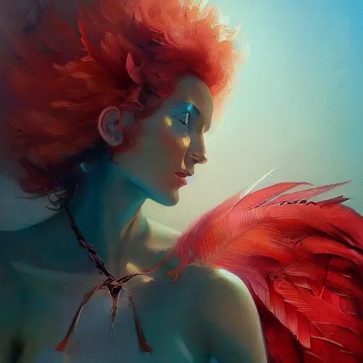 Image similar to a painting of a woman who made of curly red edges feathers is holding a sword, a digital painting by peter mohrbacher, trending on artstation, metaphysical painting, speedpainting, made of feathers, digital painting, holographic undertones, highly saturated colors, 4 k, digital art, concept art, trending on artstation