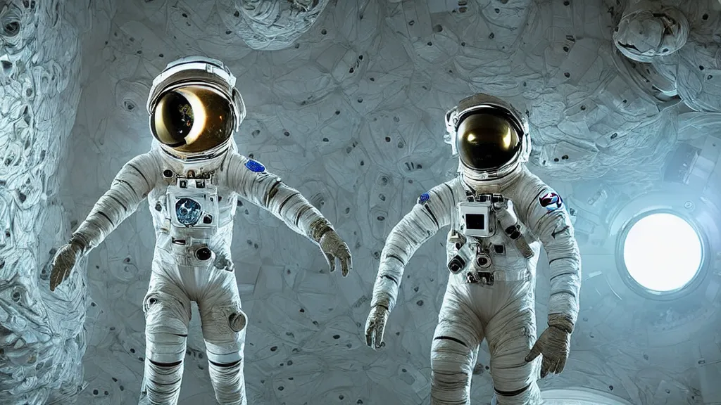 Image similar to a single astronaut eva suit made of diamond 3d fractal lace iridescent bubble 3d skin and covered with insectoid compound eye camera lenses floats through the living room, film still from the movie directed by Denis Villeneuve with art direction by Salvador Dalí, wide lens,