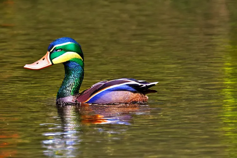 Prompt: a colorful fantasy mallard floating on a lake in the mountains, cascadia