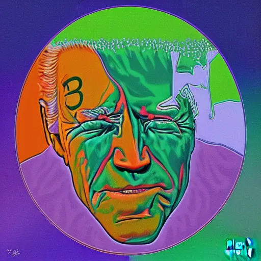 Prompt: joe biden fighting climate change by alex grey green purple orange color palette very detailed clear focus