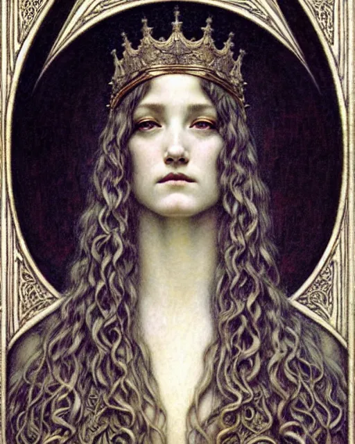 Image similar to detailed realistic beautiful young medieval queen face portrait by jean delville, gustave dore and marco mazzoni, art nouveau, symbolist, visionary, gothic, pre - raphaelite. horizontal symmetry