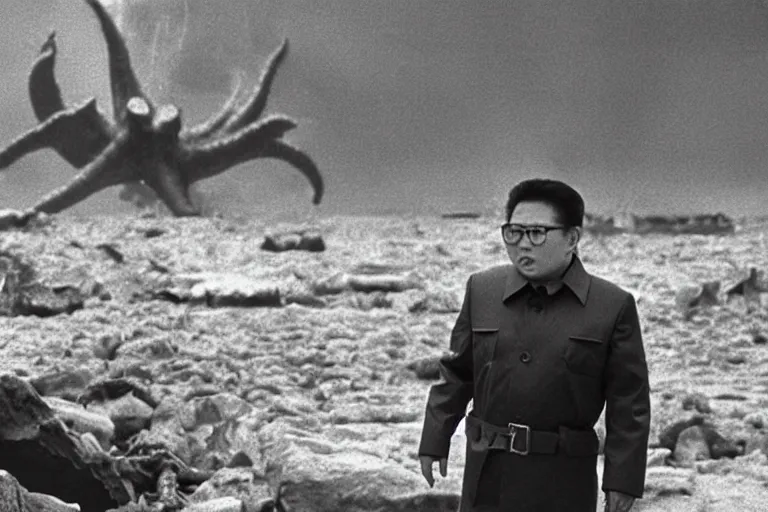 Image similar to a filmstill of Kim Jong-il looking at a giant starfish Kaiju monster destroying Pyongyang, in Stalker (1979) by Andreï Tarkovski, traditional Korean city, palace, epic ultrawide shot, cinémascope