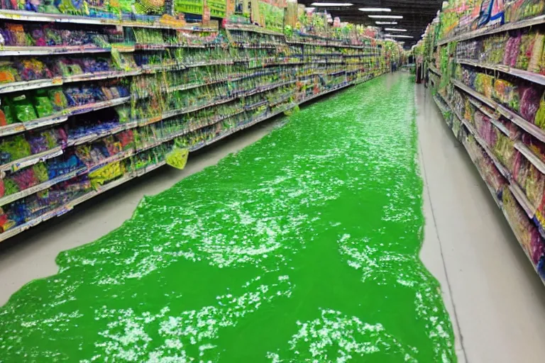 Image similar to rivers of green nickelodeon slime running down the aisles of walmart