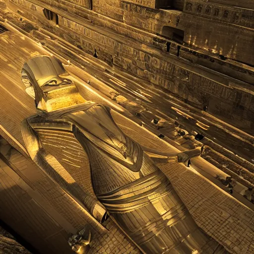 Image similar to a photo of a beautiful intricate epic futuristic hyper detailed cyber sphynx of egypt, cinematic lighting, taken with tilt shot