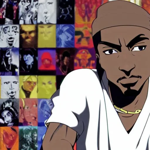 Image similar to Tupac Shakur, screenshot from a 2012s anime