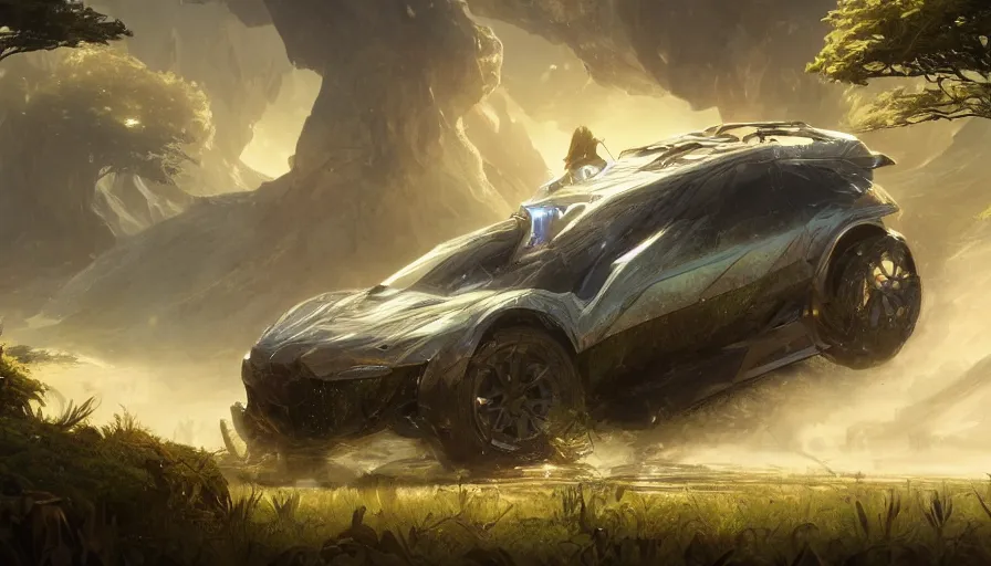 Image similar to a concept suv designed by dolorean driving through african savanna, artgerm and greg rutkowski and alphonse mucha, an epic fantasy, volumetric light, detailed, establishing shot, an epic fantasy, trending on art station, octane render, midsommar