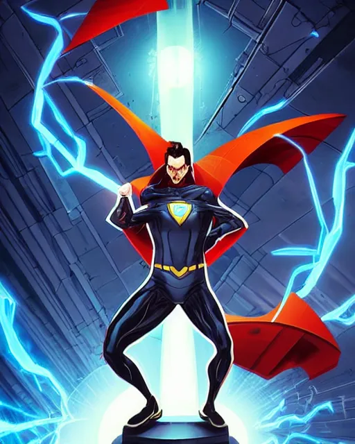 Prompt: Nikola Tesla as a superhero with electric powers, epic and stunning character design, action scene, cover art, by DC comics and Cyril Rolando and Noah Bradley and Sandra Chevrier