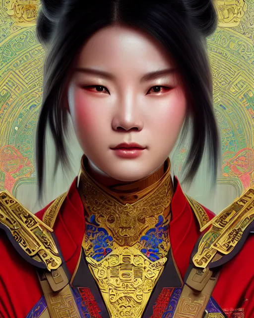 Image similar to portrait of a chinese cyberpunk machine, machine face, upper half portrait, decorated with chinese opera motifs, regal, asian, fine china, wuxia, traditional chinese art intricate intense elegant 京 剧 highly detailed digital painting artstation concept art smooth sharp focus illustration, art by artgerm and greg rutkowski alphonse mucha 8 k