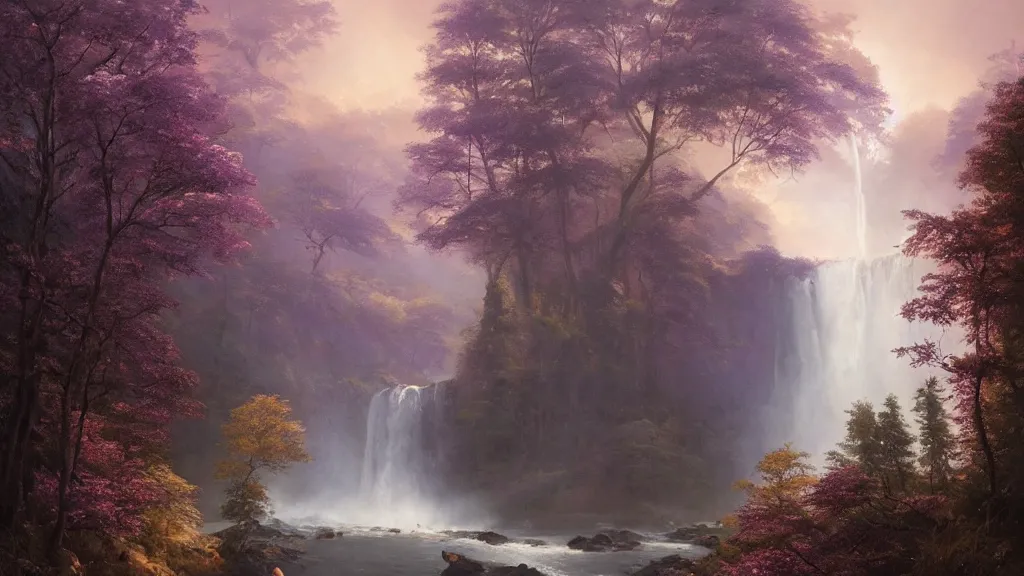 Image similar to the most beautiful panoramic landscape, oil painting, where a giant dreamy waterfall creates a river, the trees around are starting to bloom in purple colors, a majestic deer is in close - up and it is exhaling steam, the ray lights of the sunrise are brightening him, by greg rutkowski