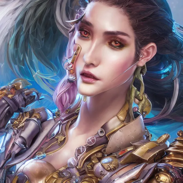 Image similar to studio portrait of lawful good colorful female holy mech paladin as absurdly beautiful, elegant, young sensual gravure idol, ultrafine hyperrealistic detailed face illustration by kim jung gi, irakli nadar, intricate linework, sharp focus, bright colors, matte, octopath traveler, final fantasy, unreal engine highly rendered, global illumination, radiant light, intricate environment