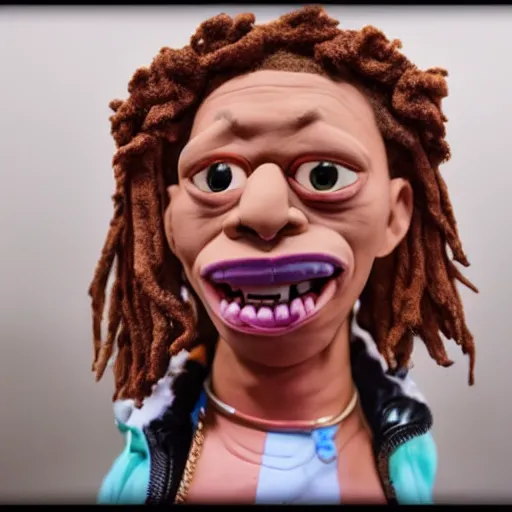 Image similar to a cinematic photograph still of trippie redd made out of clay, in claymation