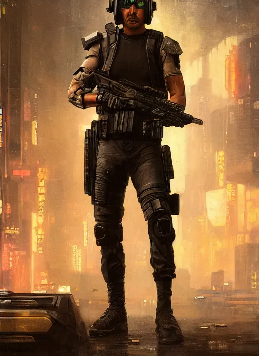 Image similar to cyberpunk police trooper in a military vest ( blade runner 2 0 4 9, cyberpunk 2 0 7 7 ). orientalist portrait by john william waterhouse and james gurney and theodore ralli and nasreddine dinet, oil on canvas. cinematic, hyper realism, realistic proportions, dramatic lighting, high detail 4 k