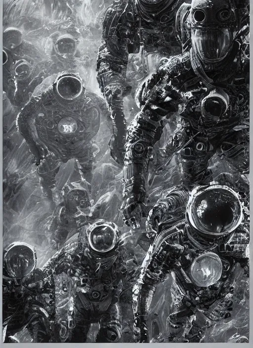 Image similar to astronauts in dark and empty void underwater - complex and hyperdetailed technical suit. reflection and dispersion materials. rays and dispersion of light. volumetric light. 5 0 mm, f / 3 2. noise film photo. flash photography. ultra realistic, wide angle. poster by wayne barlowe, hajime sorayama aaron horkey, craig mullins