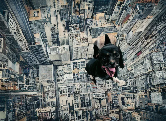 Prompt: a dog in an upside down city, photography, high definition, rule of thirds