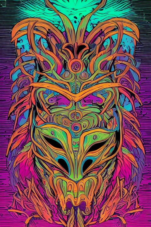 Image similar to animal mask totem roots flower tribal feather gemstone plant wood rock shaman vodoo video game vector cutout illustration vivid multicolor borderlands comics by josan gonzales and dan mumford radiating a glowing aura