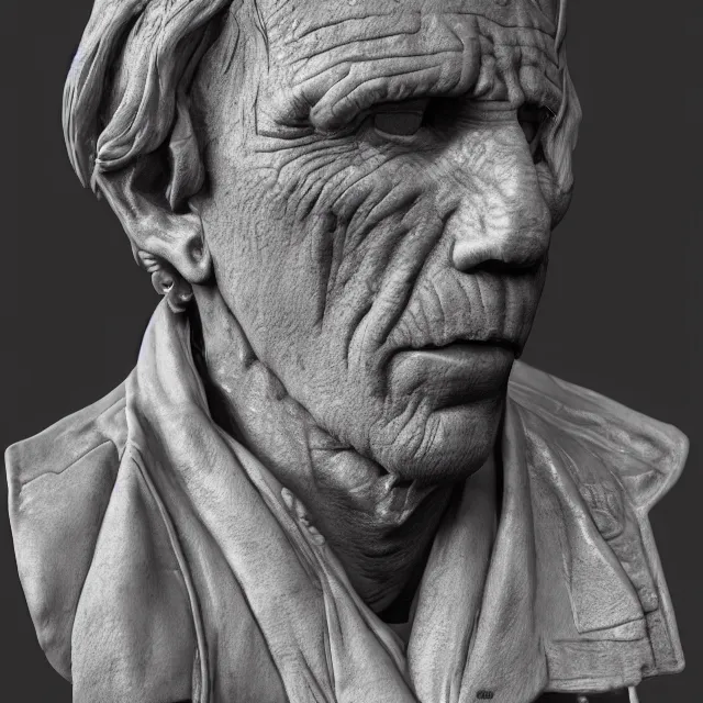 Image similar to photography of a bust of Keith Richards made of clay by Sebastian Kruger and Michelangelo, 50mm, studio atmosphere, 8K, rim light, octane render, ultra-realistic