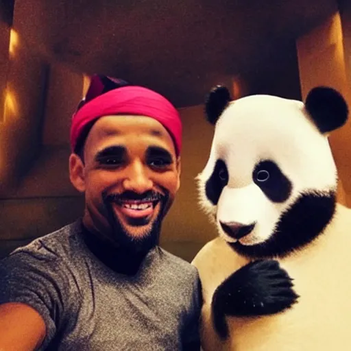 Image similar to panda and aladdin taking a selfie