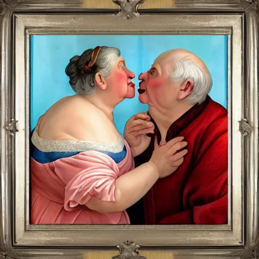 Image similar to a very funny stylize oil painting in renaissance style of a sweet fat old woman kissing her reflection. symmetry face, red mouth, blue eyes. flowery dress. hyper realistic scene. 3 d, octane render, deep focus, white scene. very funny and sweet image. unreal engine. watercolor. fellini style. klee style.