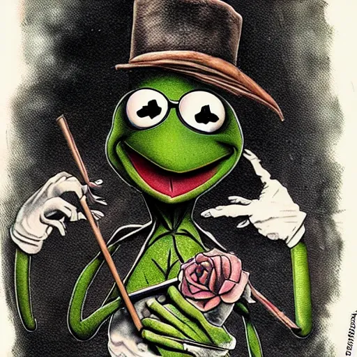 Prompt: old european gothic style tattoo of kermit the frog smoking a blunt