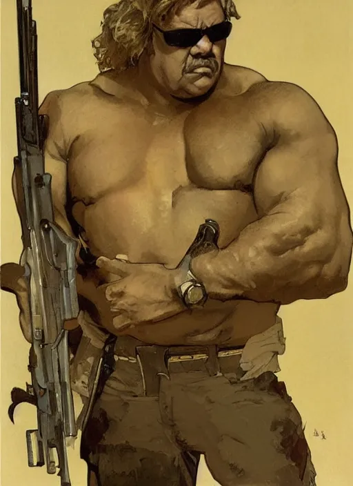 Image similar to gk chesterton as a buff action hero with muscles and a shotgun. portrait by james gurney craig mullins and alphonso mucha. realistic face. expressive.