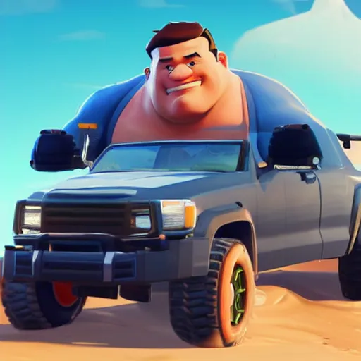 Image similar to fat john cena driving a car with really big tires, super big tires, chonky tires, fortnite screenshot. Chonkers. Chonk.