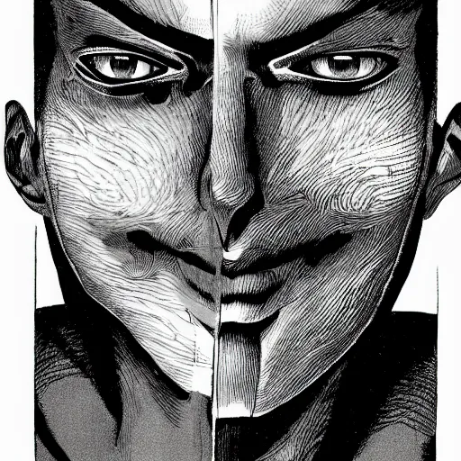 Image similar to a portrait of a 2 4 years old man made by junji ito, detailed