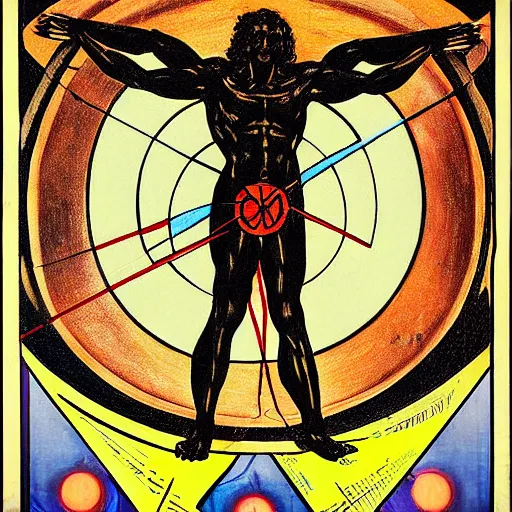 Prompt: occult cyberpunk vitruvian man. propaganda poster, pencil lines and acrylic colors. by heade and froud.