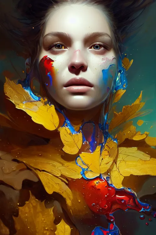 Image similar to close - up portrait of beautiful girl by irakli nadar with intricate detailed color smashing fluid oilpaint, color leaves, melting wax, broken mirror, fluid acrilic, abstract impressionism, ruan jia, scifi, fantasy, hyper detailed, octane render, concept art, by peter mohrbacher and gustav klimt,
