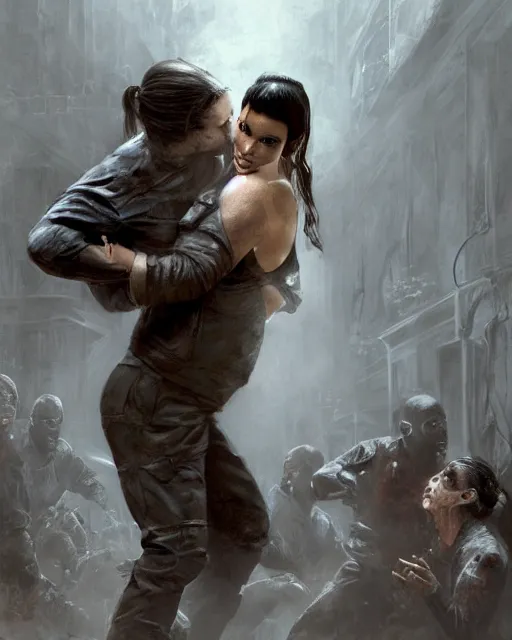 Prompt: A film still of kim kardashian being tackled by zombies in resident evil, highly detailed, digital painting, artstation, concept art, sharp focus, illustration, cinematic lighting, art by artgerm and greg rutkowski and alphonse mucha diffuse lighting, fantasy, intricate, elegant, highly detailed, lifelike, photo, digital painting, artstation, illustration, concept art, smooth, sharp focus, art by John Collier and Albert Aublet and Krenz Cushart and Artem Demura and Alphonse Mucha, full-shot, full pov.