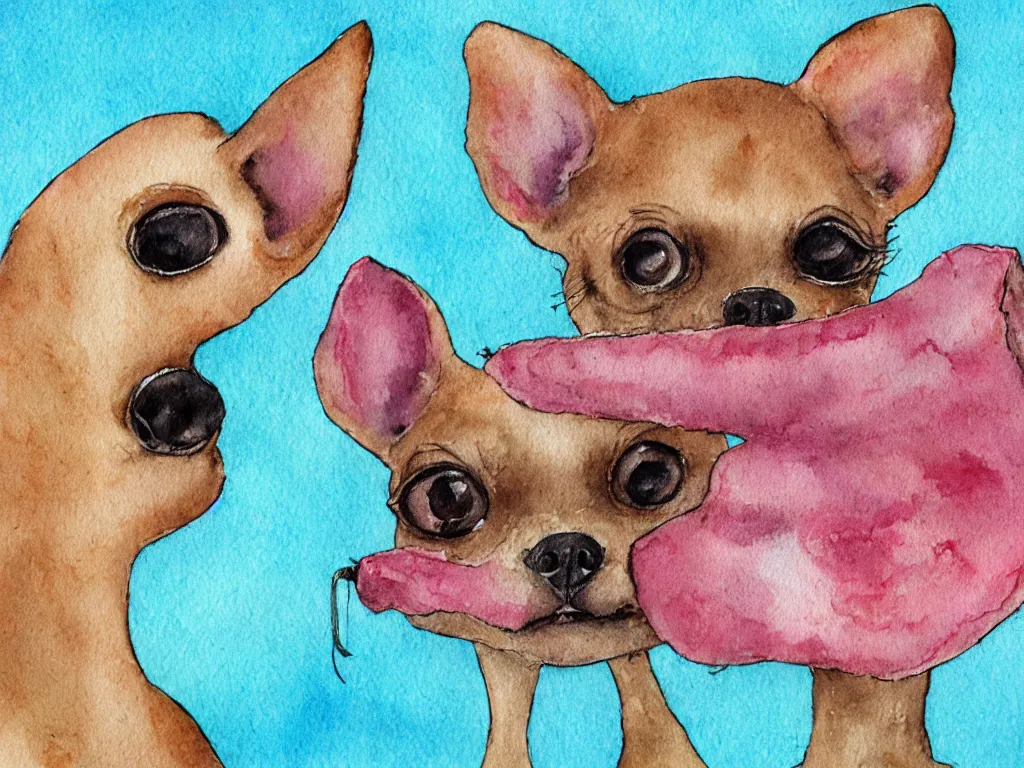 Image similar to a chihuahua dreams of meat slushie outsider art children's illustration watercolor painting