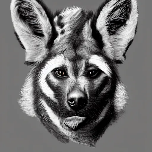 Image similar to a full - body centered front - perspective furry male fursona portrait, a male african wild dog fursona, with a yin and yang tattoo on the left side of the chest, trending on twitter, high - resolution, photorealistic