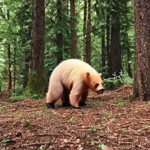 Image similar to a man who is half man, half bear, half pig standing on hind legs in the woods